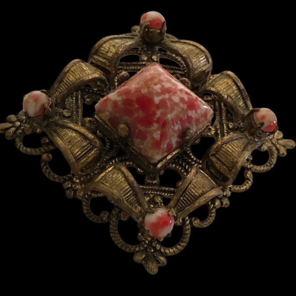 Art Deco Coral Matrix Glass Cabochon Pin Brooch Diamond Shape